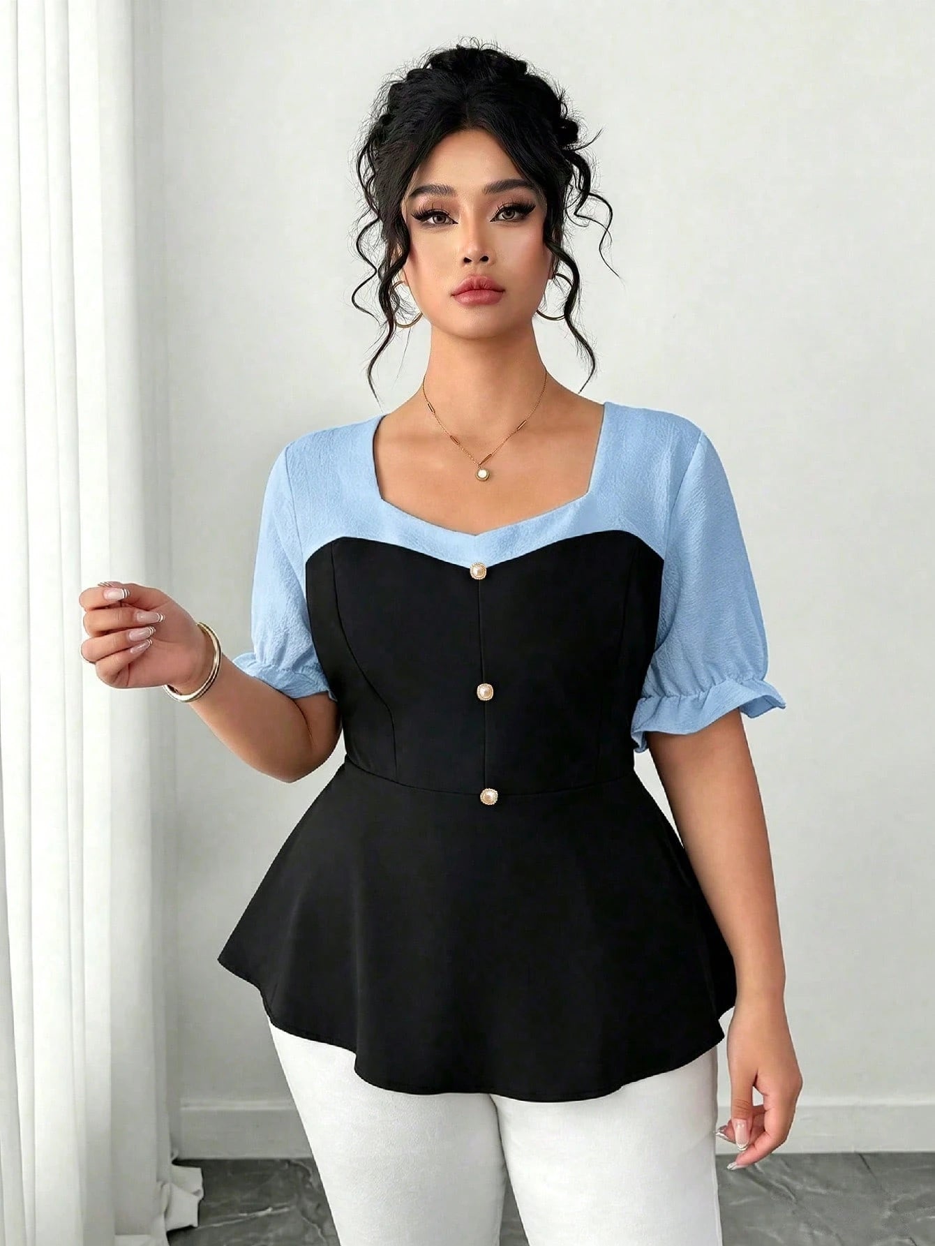 GlowEve CURVE Plus Size Women's Patchwork Bubble Crinkle Short Sleeve Blouse, French Elegant Lady Commuter Daily Wear