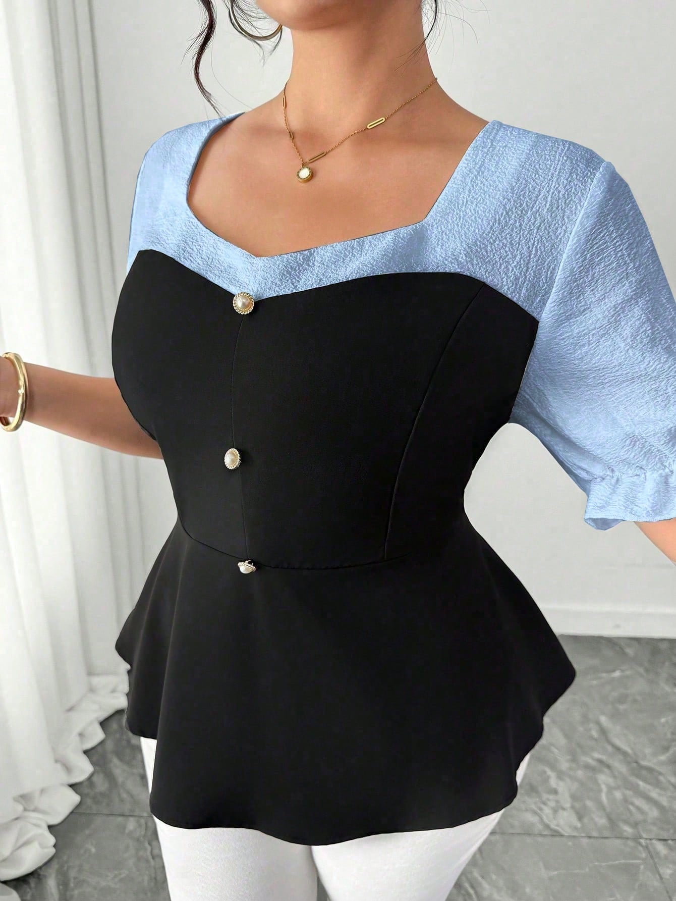 GlowEve CURVE Plus Size Women's Patchwork Bubble Crinkle Short Sleeve Blouse, French Elegant Lady Commuter Daily Wear