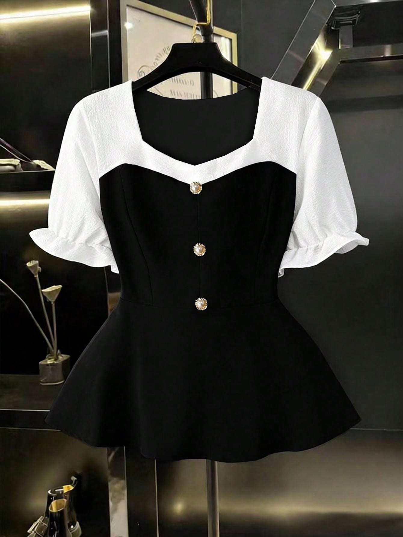 GlowEve CURVE Plus Size Women's Patchwork Bubble Crinkle Short Sleeve Blouse, French Elegant Lady Commuter Daily Wear