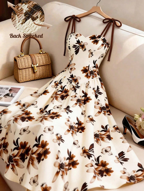 GlowEve Women's Apricot Brown Floral Pattern Spaghetti Strap A-Line Dress, Vintage Romantic French Bohemian Summer Beige Dress For Vacation, Beach Tea Party