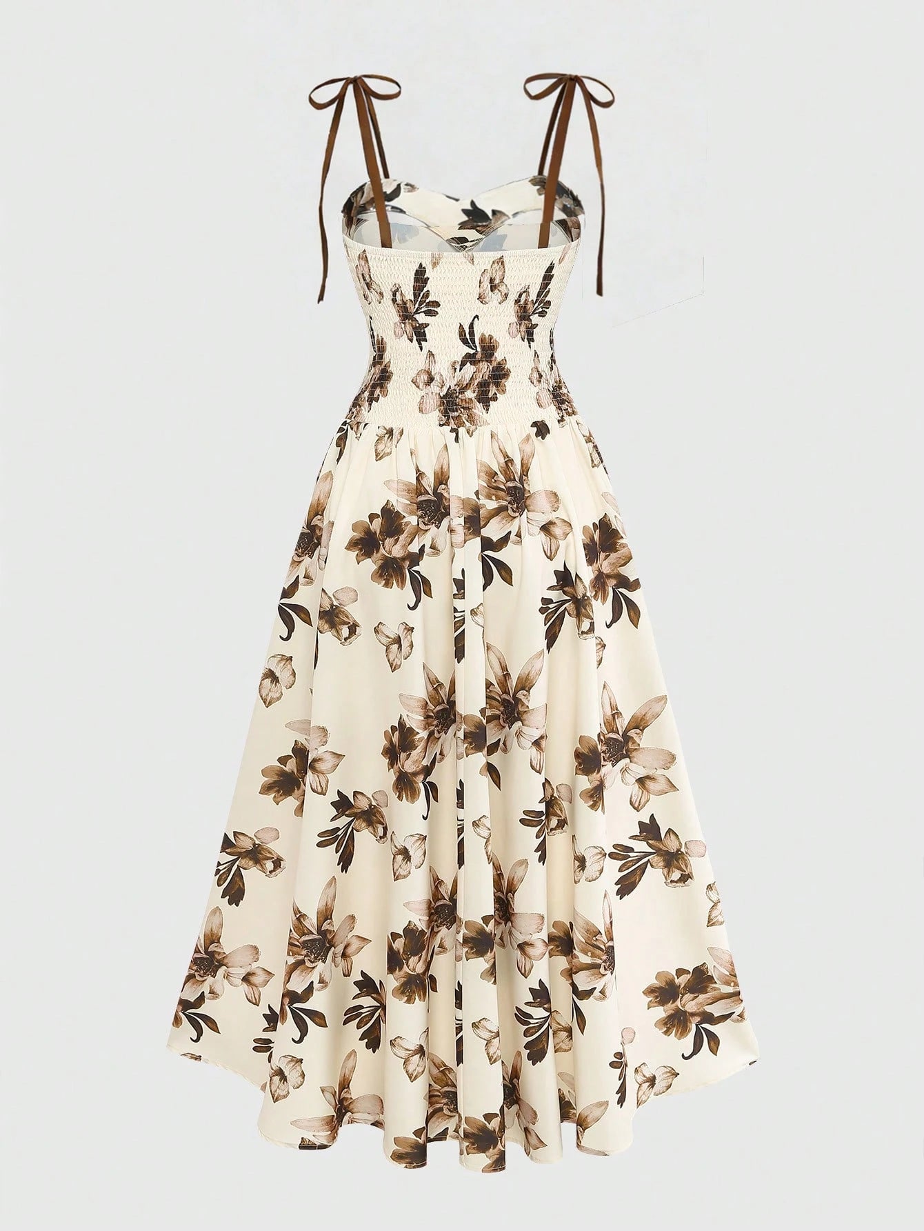GlowEve Women's Apricot Brown Floral Pattern Spaghetti Strap A-Line Dress, Vintage Romantic French Bohemian Summer Beige Dress For Vacation, Beach Tea Party