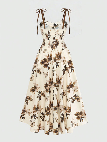 GlowEve Women's Apricot Brown Floral Pattern Spaghetti Strap A-Line Dress, Vintage Romantic French Bohemian Summer Beige Dress For Vacation, Beach Tea Party