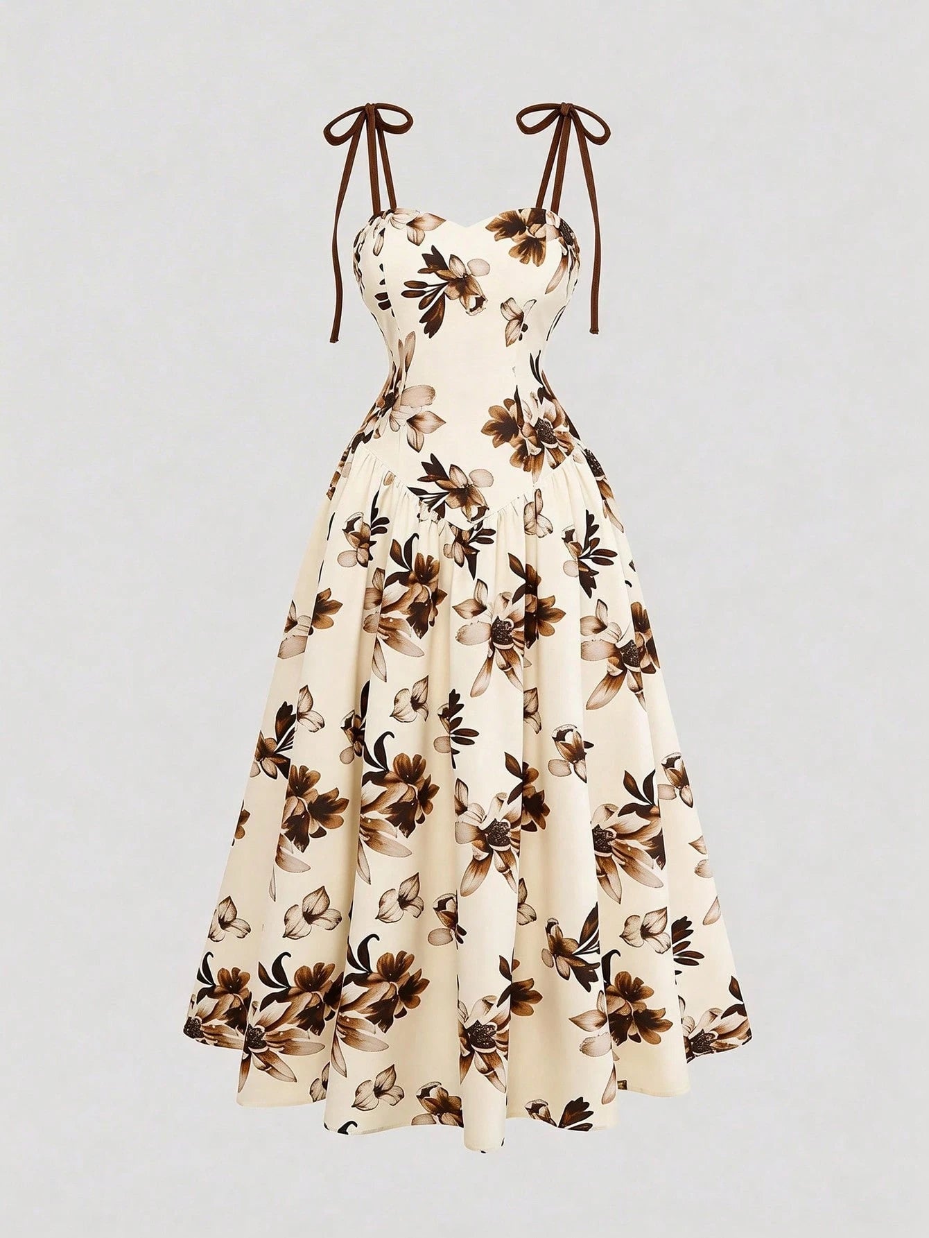GlowEve Women's Apricot Brown Floral Pattern Spaghetti Strap A-Line Dress, Vintage Romantic French Bohemian Summer Beige Dress For Vacation, Beach Tea Party