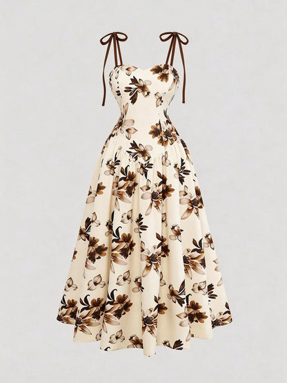 GlowEve Women's Apricot Brown Floral Pattern Spaghetti Strap A-Line Dress, Vintage Romantic French Bohemian Summer Beige Dress For Vacation, Beach Tea Party