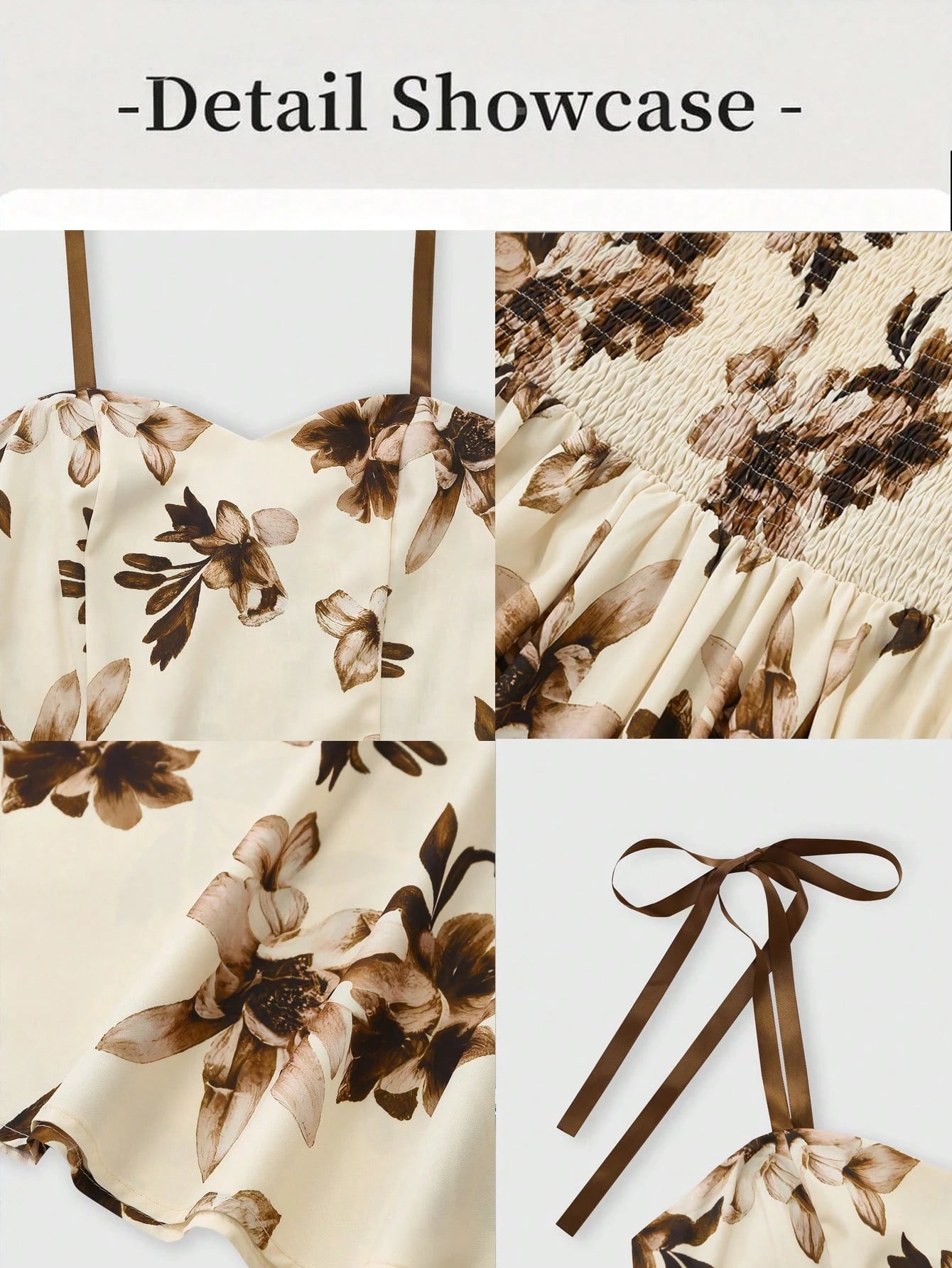 GlowEve Women's Apricot Brown Floral Pattern Spaghetti Strap A-Line Dress, Vintage Romantic French Bohemian Summer Beige Dress For Vacation, Beach Tea Party