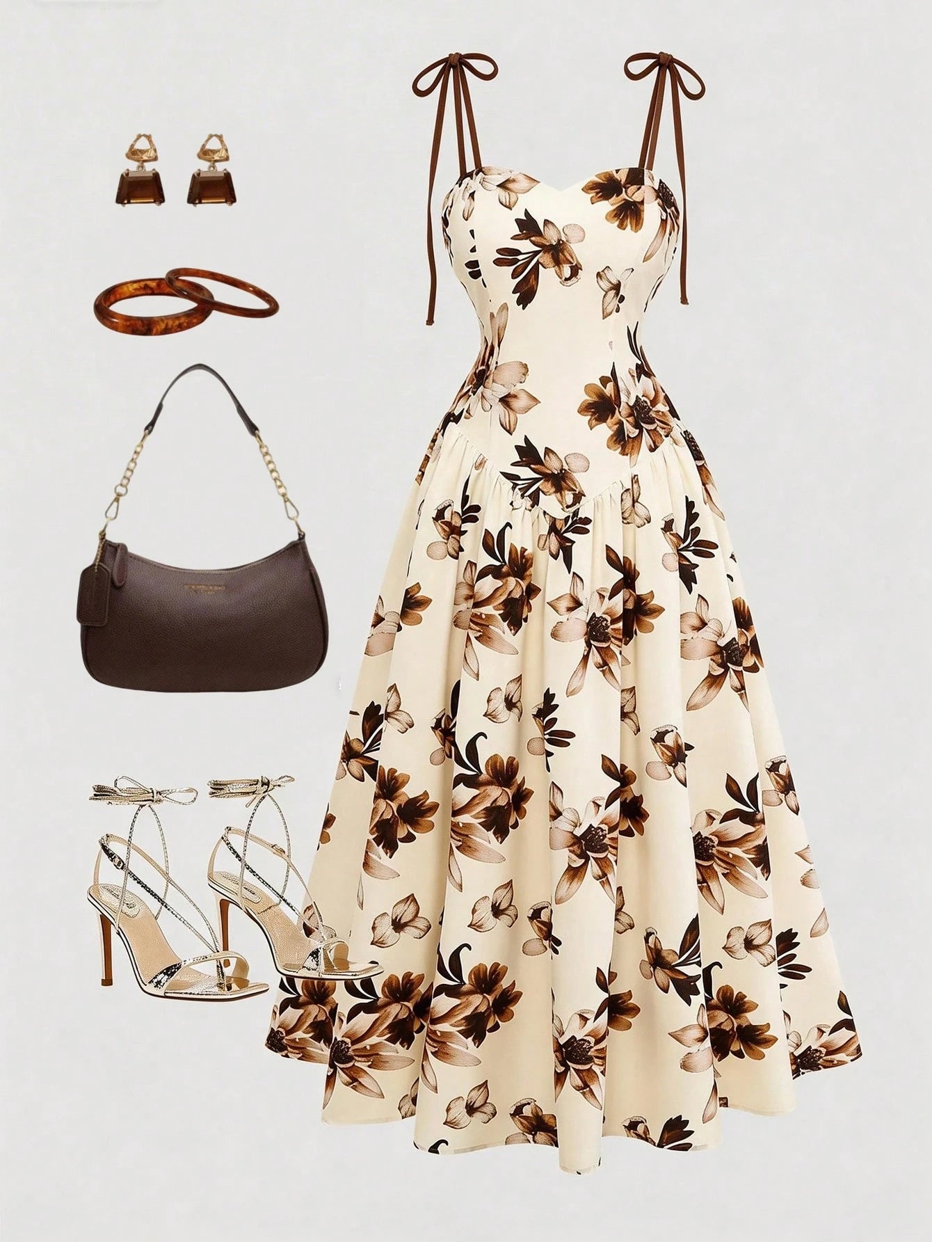 GlowEve Women's Apricot Brown Floral Pattern Spaghetti Strap A-Line Dress, Vintage Romantic French Bohemian Summer Beige Dress For Vacation, Beach Tea Party