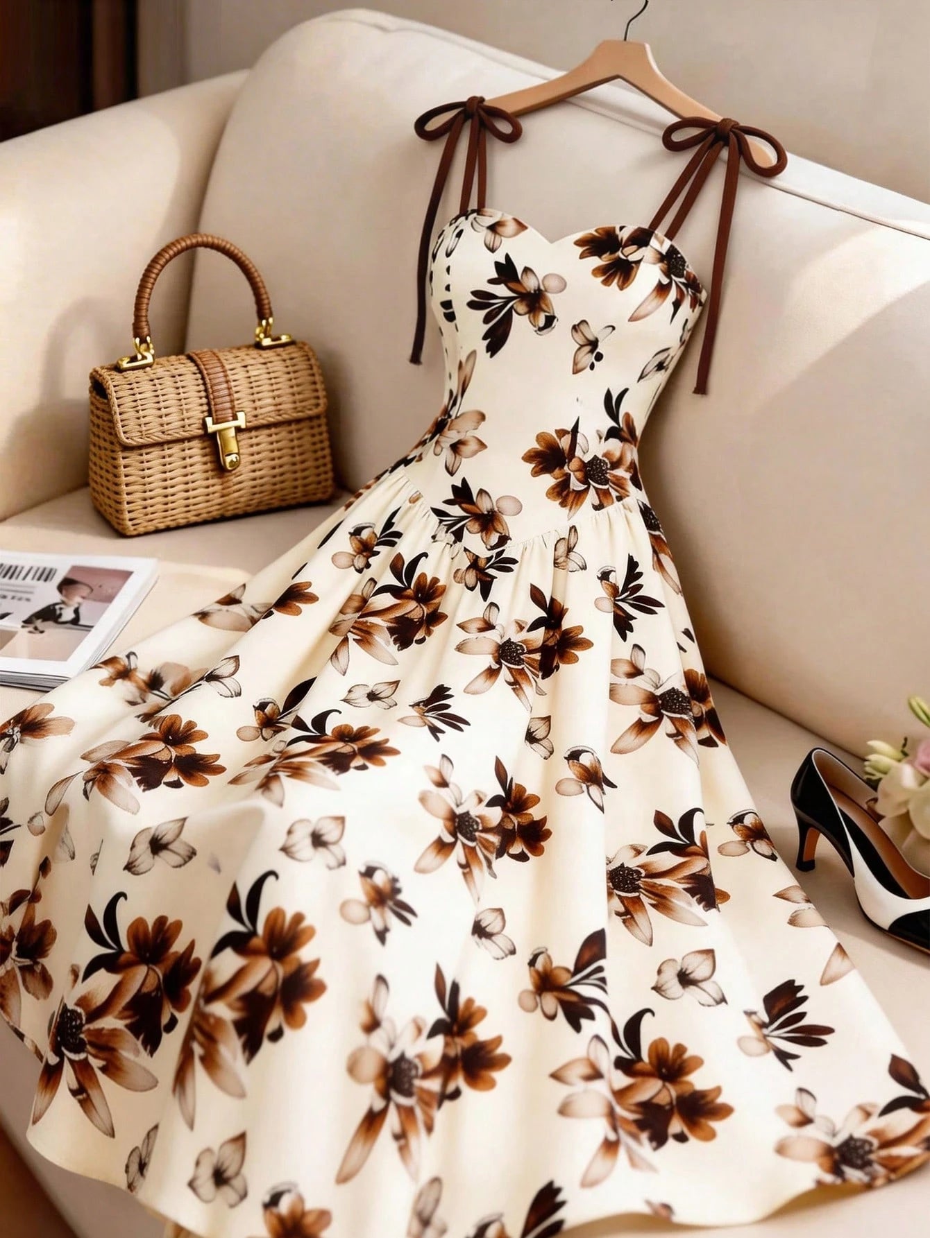 GlowEve Women's Apricot Brown Floral Pattern Spaghetti Strap A-Line Dress, Vintage Romantic French Bohemian Summer Beige Dress For Vacation, Beach Tea Party