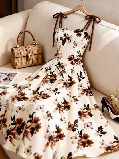 GlowEve Women's Apricot Brown Floral Pattern Spaghetti Strap A-Line Dress, Vintage Romantic French Bohemian Summer Beige Dress For Vacation, Beach Tea Party