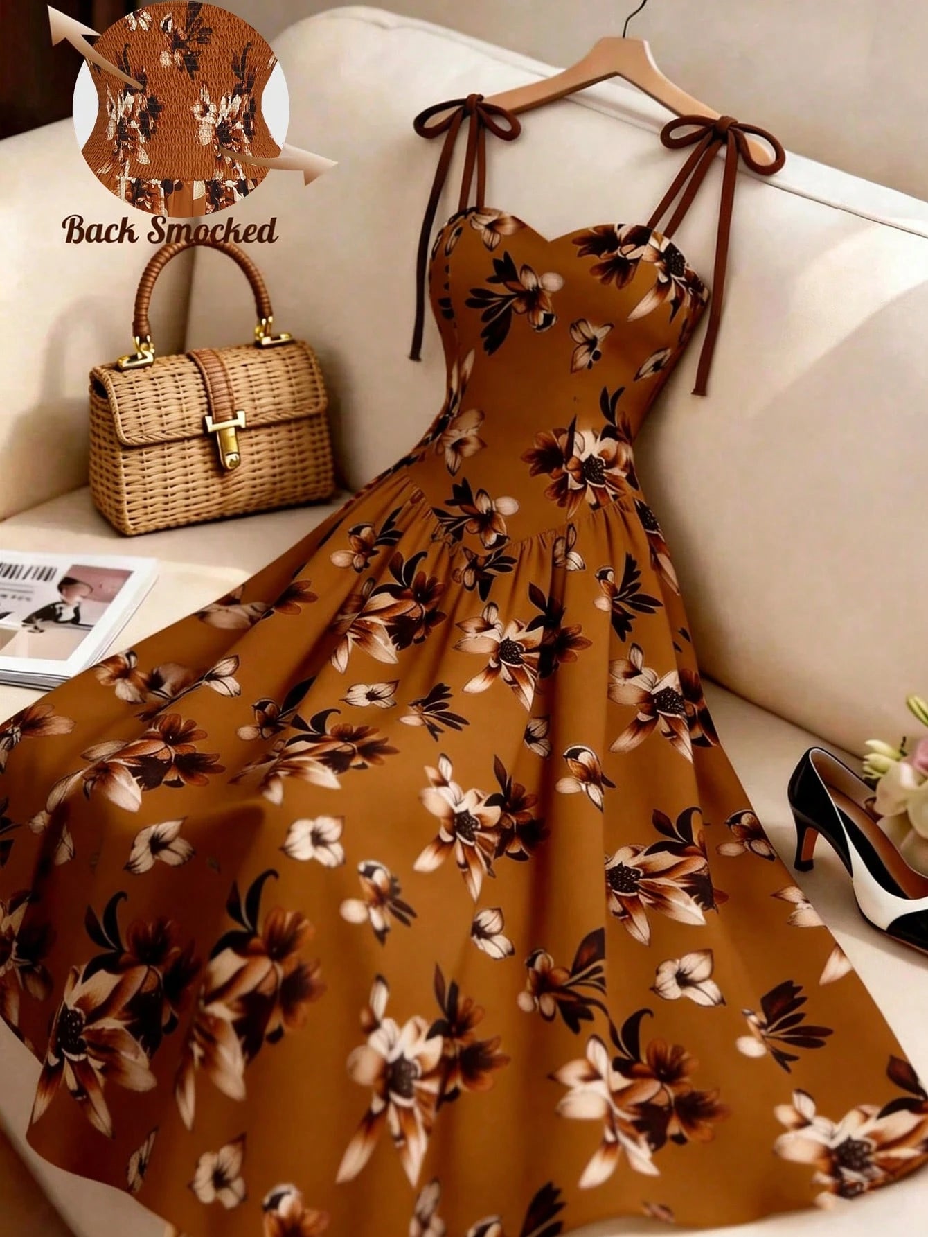 GlowEve Women's Apricot Brown Floral Pattern Spaghetti Strap A-Line Dress, Vintage Romantic French Bohemian Summer Beige Dress For Vacation, Beach Tea Party
