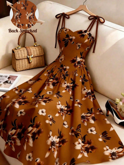 GlowEve Women's Apricot Brown Floral Pattern Spaghetti Strap A-Line Dress, Vintage Romantic French Bohemian Summer Beige Dress For Vacation, Beach Tea Party