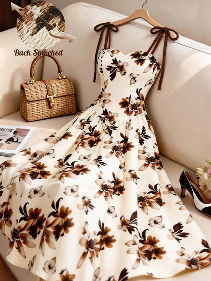 GlowEve Women's Apricot Brown Floral Pattern Spaghetti Strap A-Line Dress, Vintage Romantic French Bohemian Summer Beige Dress For Vacation, Beach Tea Party