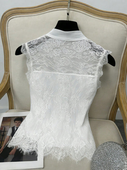 GlowEve Women's Elastic Lace Chiffon Bow Tie Sleeveless Waist Fitted Elegant Camisole Top, Suitable For Commuting, Summer