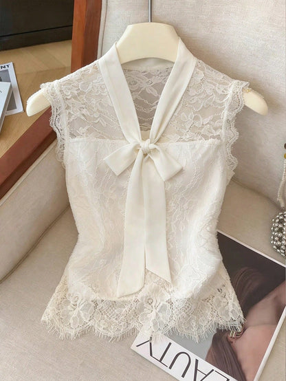 GlowEve Women's Elastic Lace Chiffon Bow Tie Sleeveless Waist Fitted Elegant Camisole Top, Suitable For Commuting, Summer