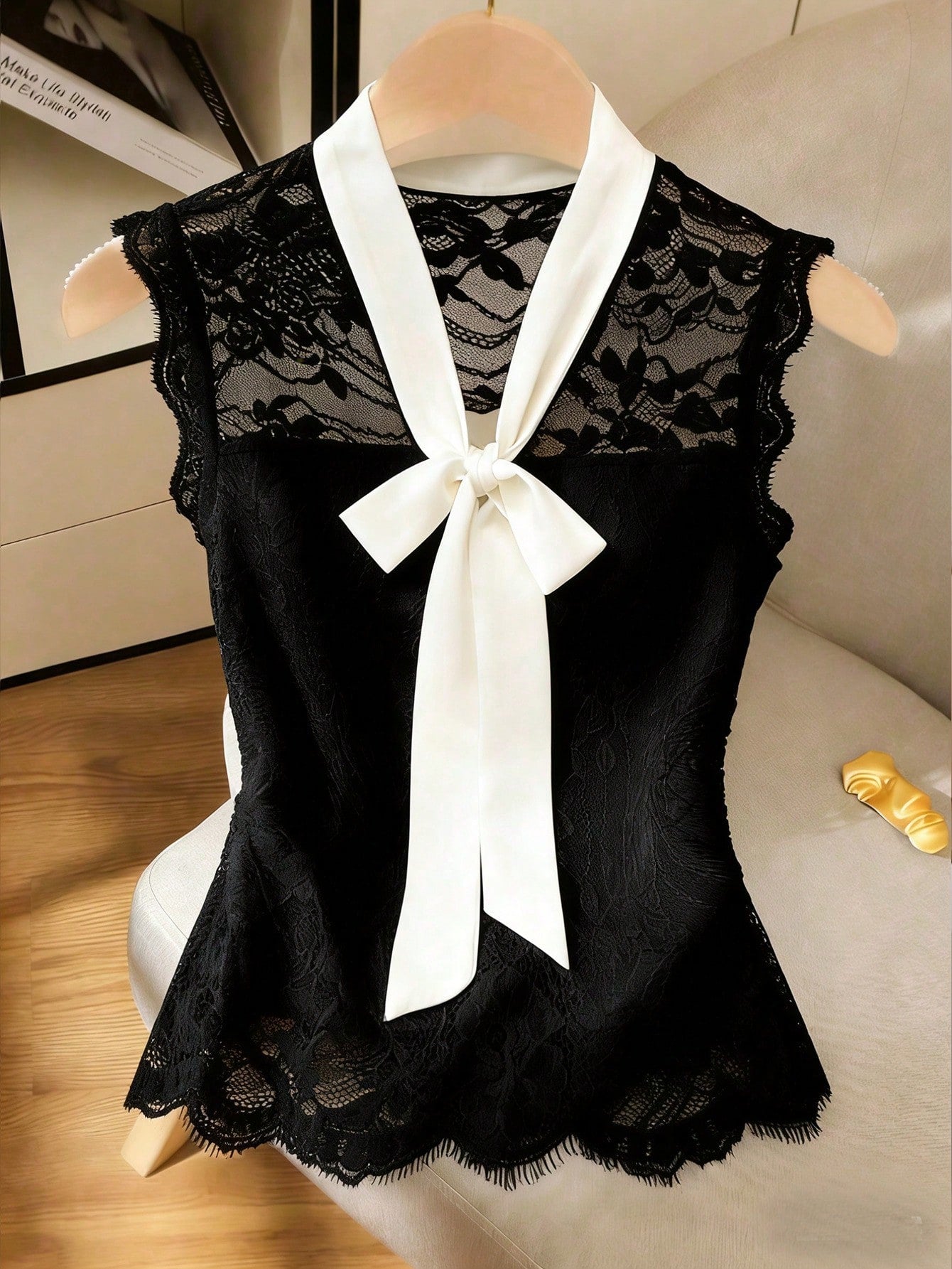 GlowEve Women's Elastic Lace Chiffon Bow Tie Sleeveless Waist Fitted Elegant Camisole Top, Suitable For Commuting, Summer
