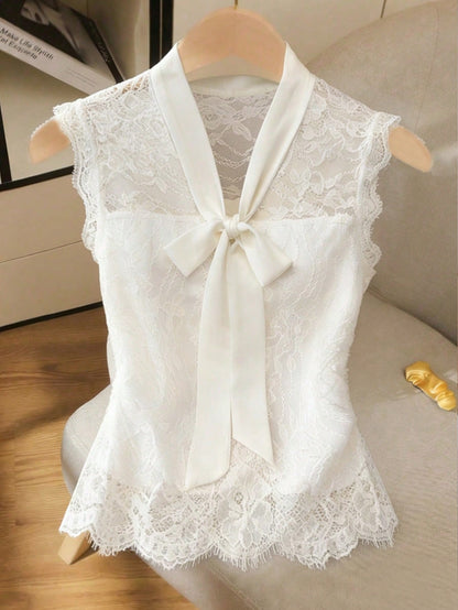 GlowEve Women's Elastic Lace Chiffon Bow Tie Sleeveless Waist Fitted Elegant Camisole Top, Suitable For Commuting, Summer