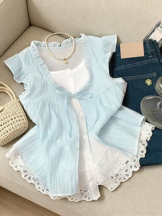 GlowEve Women's Light Blue And White Summer Elegant Everyday Blouse,Retro High-End Holiday Sleeveless A-Line Patchwork Ruffle 2 In 1 Tie Design