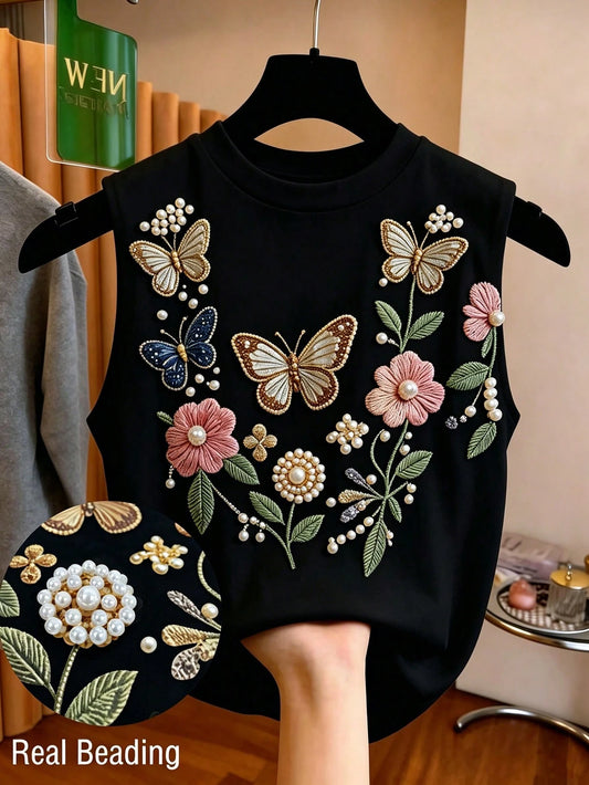 GlowEve Women's Round Neck Floral Butterfly Embroidered Pattern Casual Versatile Daily Wear Top