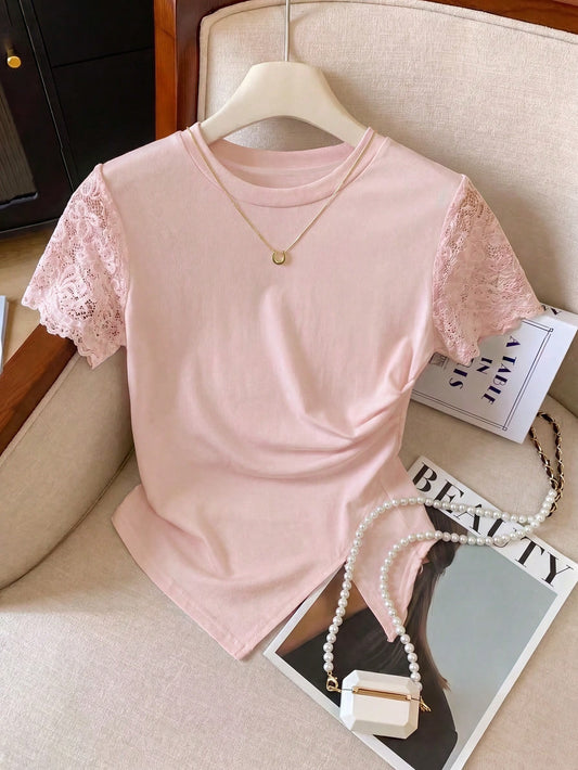 GlowEve Women's Round Neck Lace Patchwork Pleated Casual Elegant Versatile Daily Wear T-Shirt Everyday Baby Pink Summer