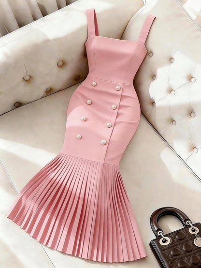 GlowEve Women's Square Neck Sleeveless Bodycon Pearl Button Decor Pleated Hem Dress,Soft Pink,Summer,Elegant,Wedding Ninang,Party Vacation Graduation Outfit