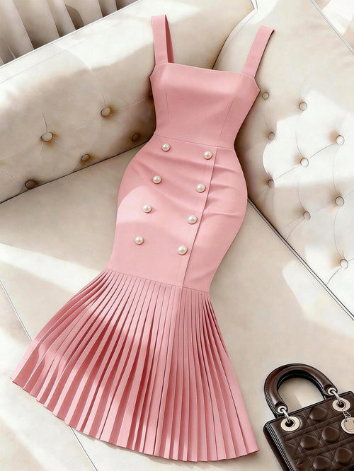 GlowEve Women's Square Neck Sleeveless Bodycon Pearl Button Decor Pleated Hem Dress,Soft Pink,Summer,Elegant,Wedding Ninang,Party Vacation Graduation Outfit