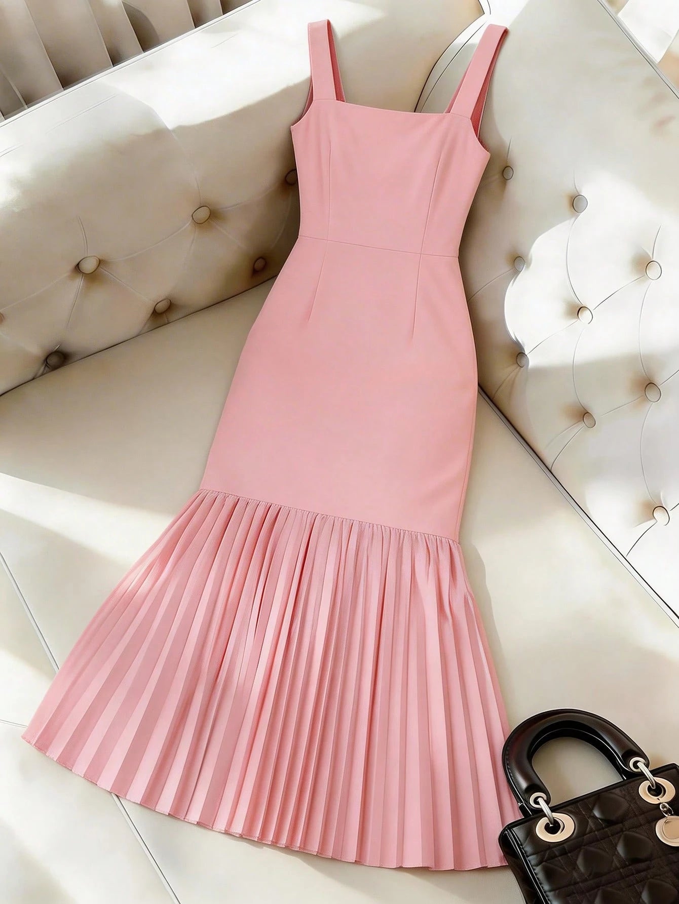 GlowEve Women's Square Neck Sleeveless Bodycon Pearl Button Decor Pleated Hem Dress,Soft Pink,Summer,Elegant,Wedding Ninang,Party Vacation Graduation Outfit