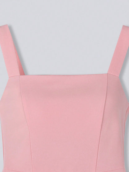 GlowEve Women's Square Neck Sleeveless Bodycon Pearl Button Decor Pleated Hem Dress,Soft Pink,Summer,Elegant,Wedding Ninang,Party Vacation Graduation Outfit