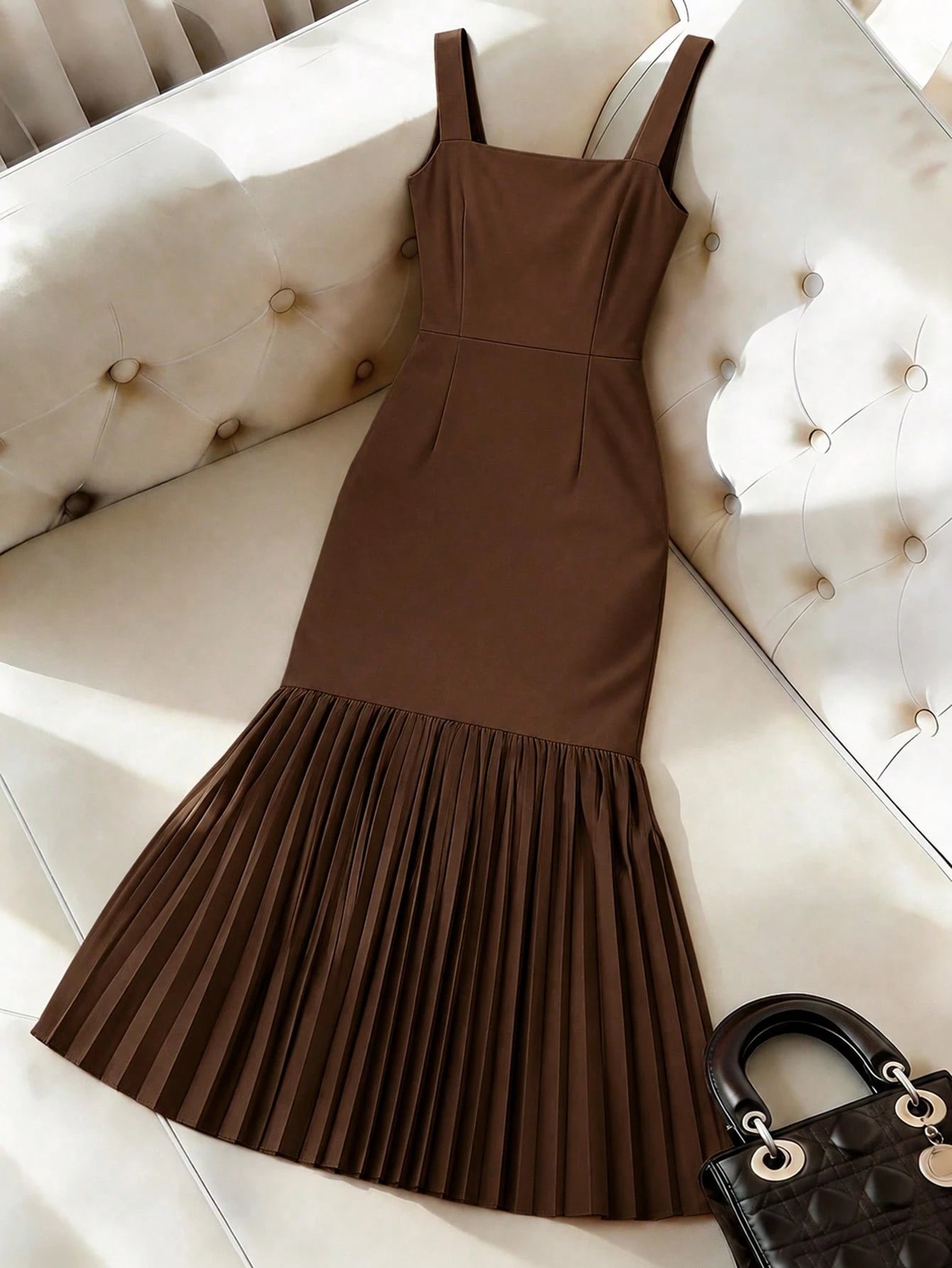 GlowEve Women's Square Neck Sleeveless Bodycon Pearl Button Decor Pleated Hem Dress,Soft Pink,Summer,Elegant,Wedding Ninang,Party Vacation Graduation Outfit
