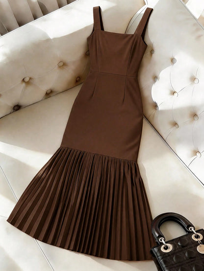 GlowEve Women's Square Neck Sleeveless Bodycon Pearl Button Decor Pleated Hem Dress,Soft Pink,Summer,Elegant,Wedding Ninang,Party Vacation Graduation Outfit