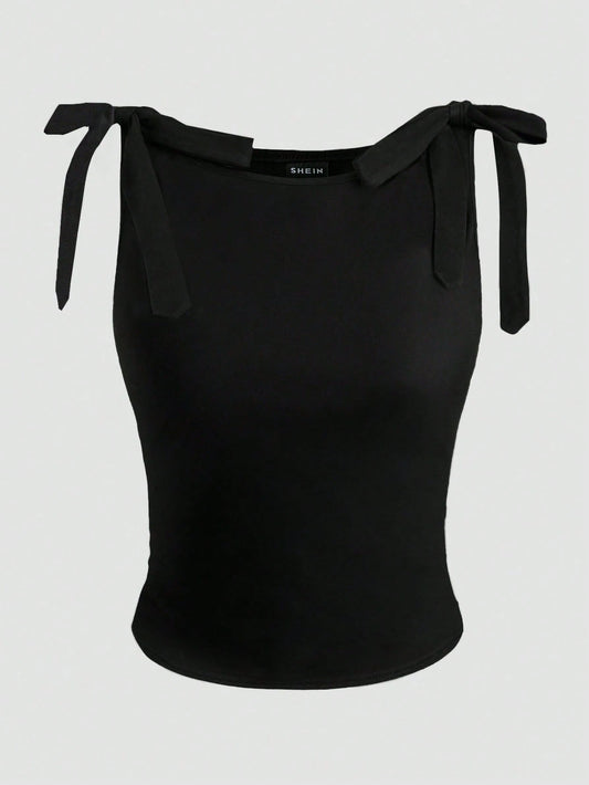 GlowEve Women's Summer Tank Top, Black, Round Neck, Sleeveless, Tie Shoulder Design, Slim Fit, Versatile & Fashionable