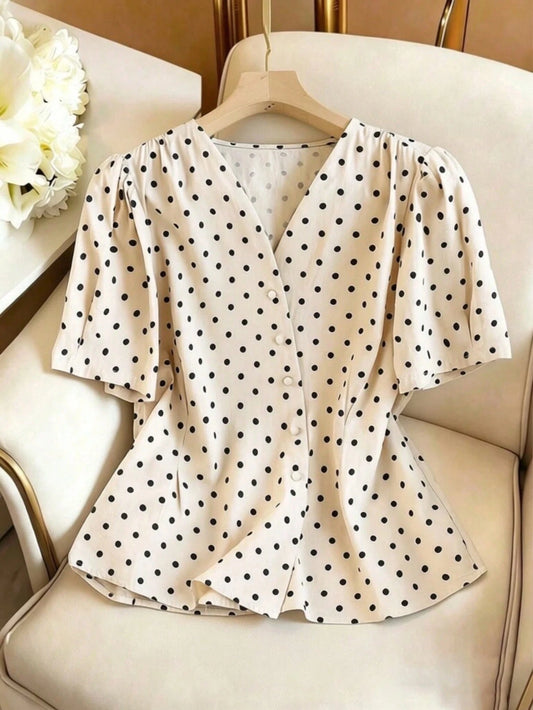 GlowEve Women's V-Neck Puff Sleeve Polka Dot Blouse, Waist Cinching Design For Slimming, Korean Style Side Button Decor Summer Top