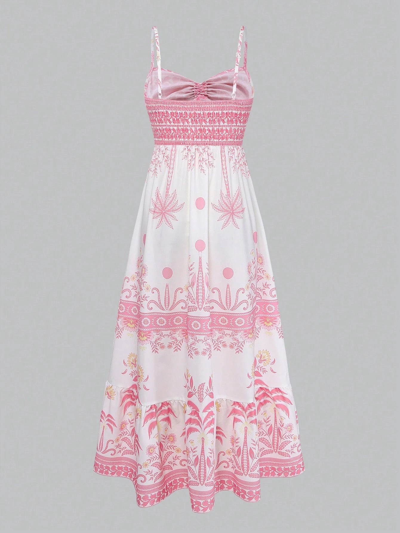GlowEve Women's White And Pink Printed Spaghetti Strap Tie Waist A-Line Dress,Summer Boho Holiday Picnic Holiday Elegant French Retro Long Slip Dress
