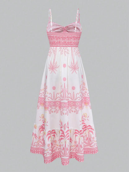 GlowEve Women's White And Pink Printed Spaghetti Strap Tie Waist A-Line Dress,Summer Boho Holiday Picnic Holiday Elegant French Retro Long Slip Dress