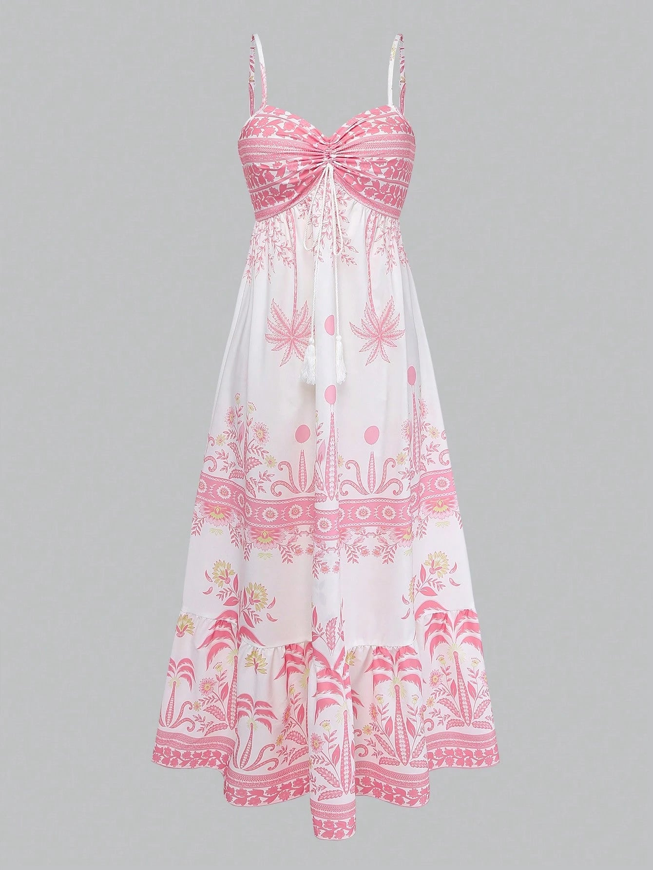 GlowEve Women's White And Pink Printed Spaghetti Strap Tie Waist A-Line Dress,Summer Boho Holiday Picnic Holiday Elegant French Retro Long Slip Dress