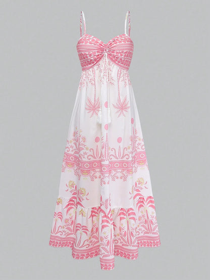 GlowEve Women's White And Pink Printed Spaghetti Strap Tie Waist A-Line Dress,Summer Boho Holiday Picnic Holiday Elegant French Retro Long Slip Dress