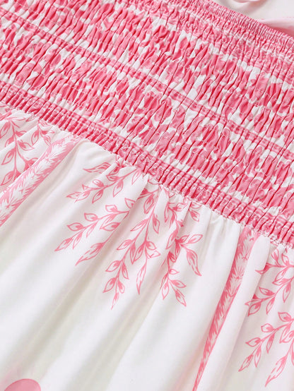 GlowEve Women's White And Pink Printed Spaghetti Strap Tie Waist A-Line Dress,Summer Boho Holiday Picnic Holiday Elegant French Retro Long Slip Dress