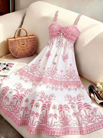 GlowEve Women's White And Pink Printed Spaghetti Strap Tie Waist A-Line Dress,Summer Boho Holiday Picnic Holiday Elegant French Retro Long Slip Dress