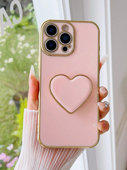 Gold-Plated Heart-Shaped Stand And Gold-Plated Phone Case, Compatible With IPhone 17/16e/15/14/13/12/11/XS/XR/X/7/8 Plus/Pro Max, Galaxy S25/S24U/S23/A55/A54/A35/A25/A17/A07/A16/A06, Electroplated Pro