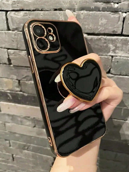 Gold-Plated Heart-Shaped Stand And Gold-Plated Phone Case, Compatible With IPhone 17/16e/15/14/13/12/11/XS/XR/X/7/8 Plus/Pro Max, Galaxy S25/S24U/S23/A55/A54/A35/A25/A17/A07/A16/A06, Electroplated Pro
