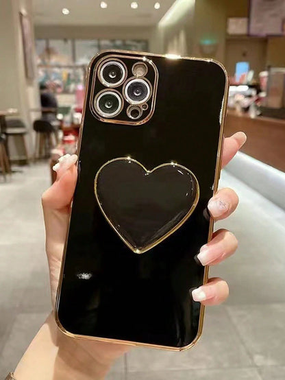 Gold-Plated Heart-Shaped Stand And Gold-Plated Phone Case, Compatible With IPhone 17/16e/15/14/13/12/11/XS/XR/X/7/8 Plus/Pro Max, Galaxy S25/S24U/S23/A55/A54/A35/A25/A17/A07/A16/A06, Electroplated Pro