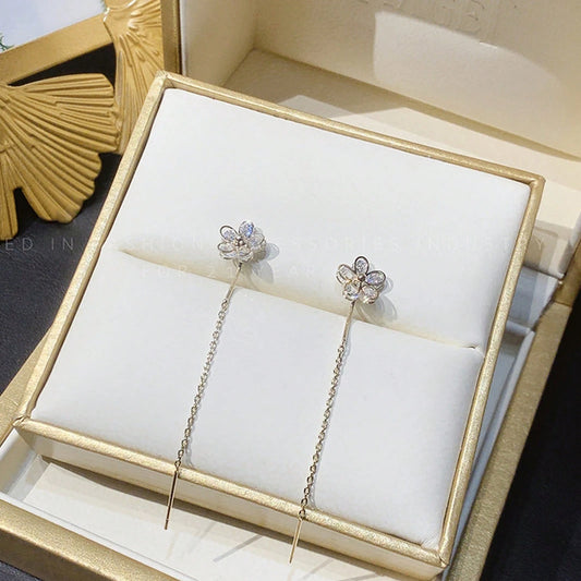 Gold-Tone Floral Threader Earrings For Women, S925 Silver Needle CZ Flower Chain Drop Earrings, Minimal Party Gift Jewelry