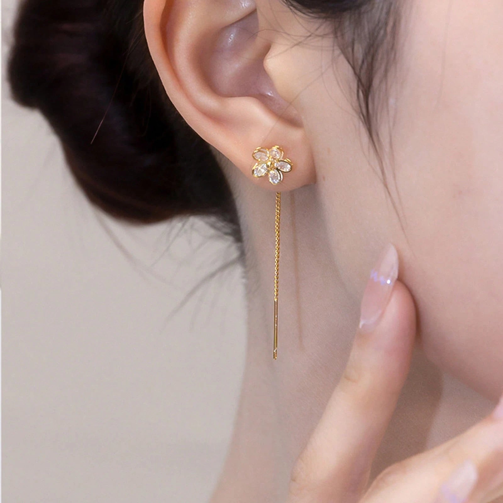 Gold-Tone Floral Threader Earrings For Women, S925 Silver Needle CZ Flower Chain Drop Earrings, Minimal Party Gift Jewelry