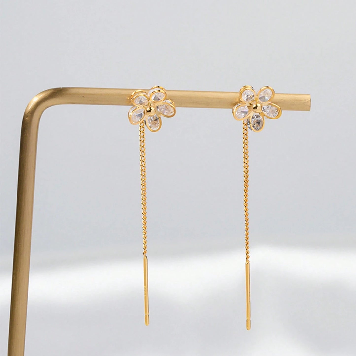 Gold-Tone Floral Threader Earrings For Women, S925 Silver Needle CZ Flower Chain Drop Earrings, Minimal Party Gift Jewelry
