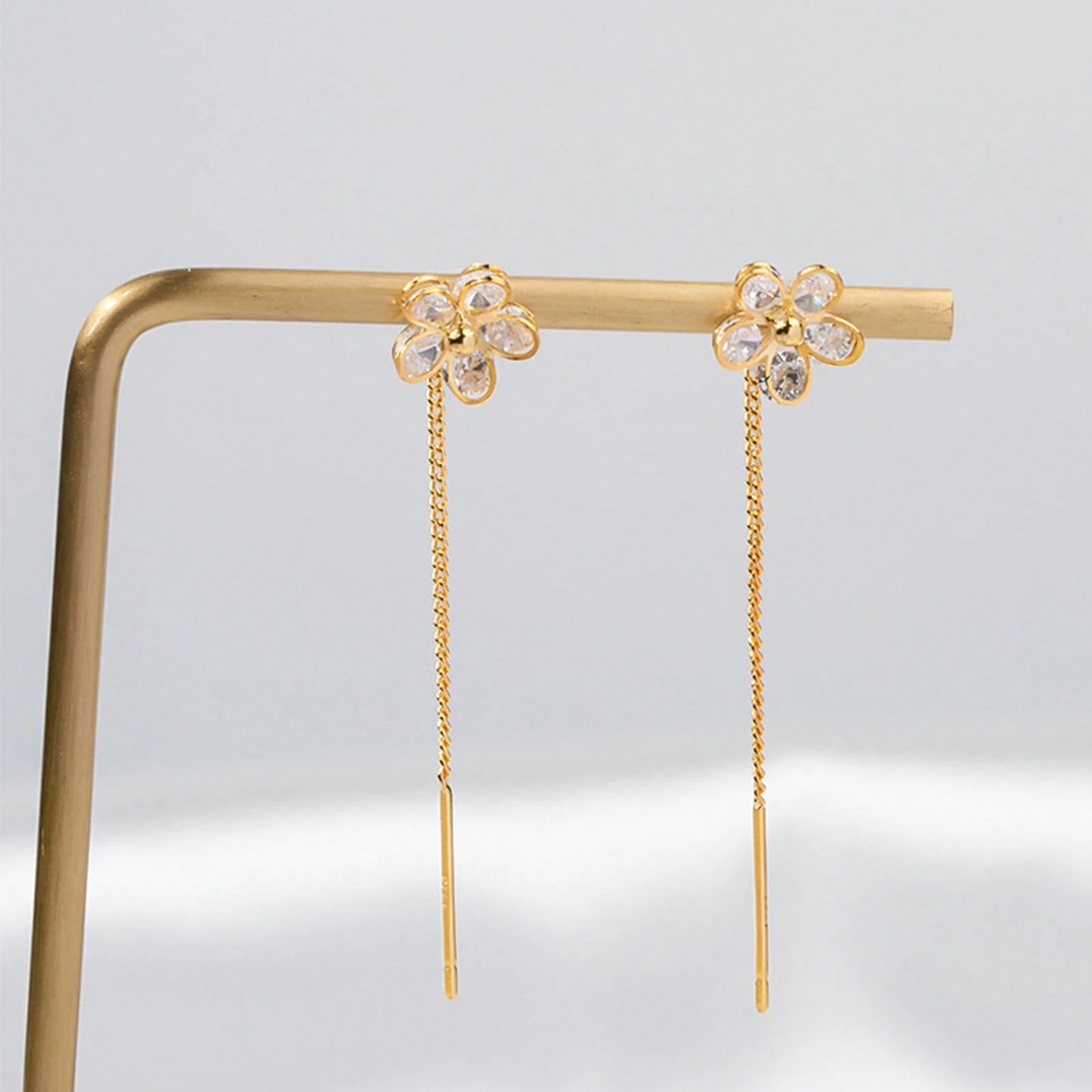 Gold-Tone Floral Threader Earrings For Women, S925 Silver Needle CZ Flower Chain Drop Earrings, Minimal Party Gift Jewelry
