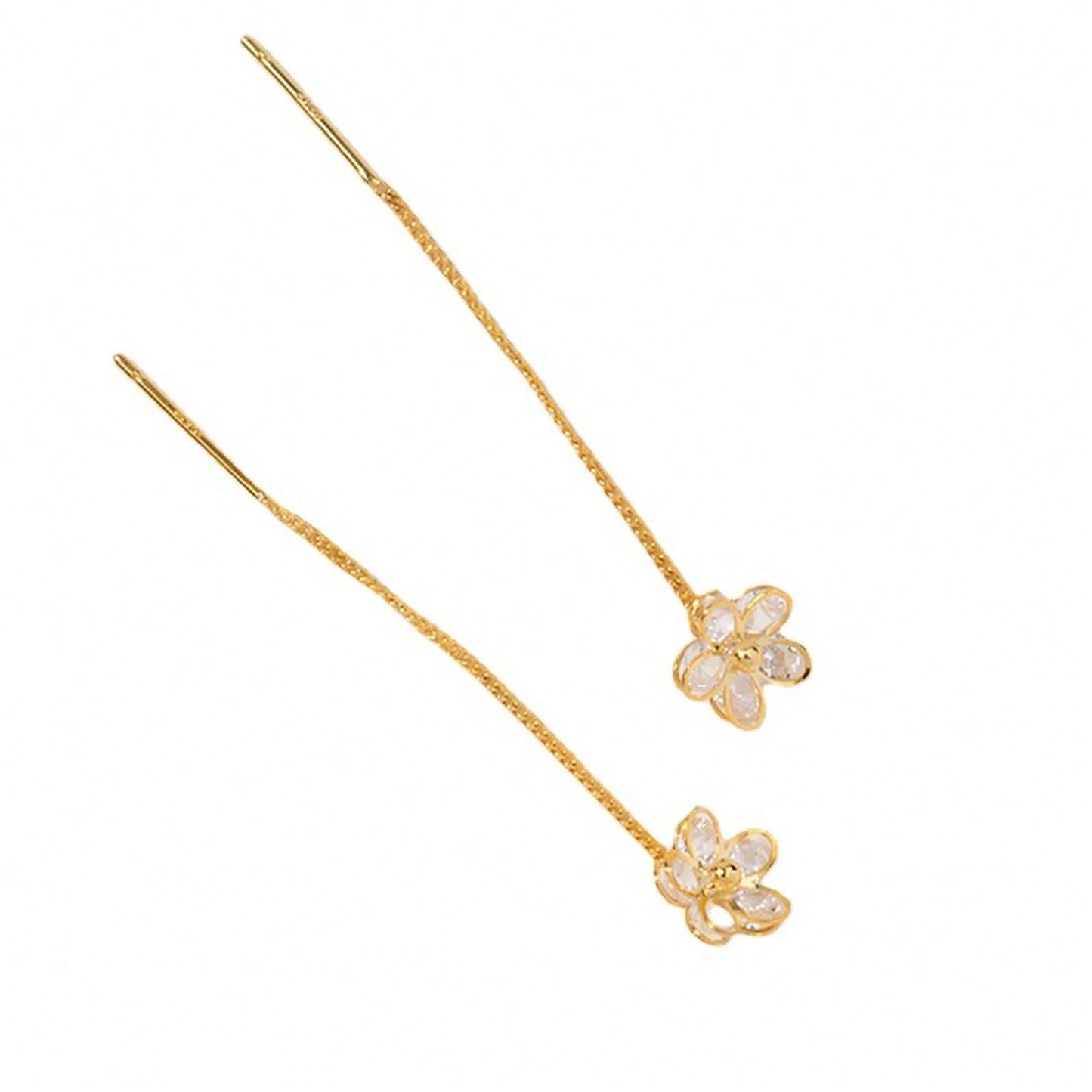 Gold-Tone Floral Threader Earrings For Women, S925 Silver Needle CZ Flower Chain Drop Earrings, Minimal Party Gift Jewelry