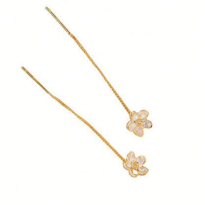 Gold-Tone Floral Threader Earrings For Women, S925 Silver Needle CZ Flower Chain Drop Earrings, Minimal Party Gift Jewelry