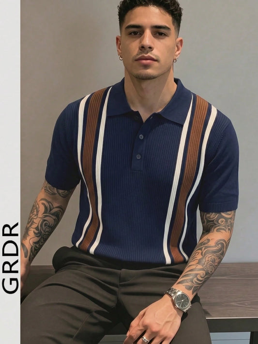 GRDR Men's Collared Striped Casual Minimalist Fashion Knit Short Sleeve T-Shirt Top- Comfortable Daily Wear, Travel, Outing