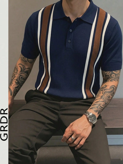GRDR Men's Collared Striped Casual Minimalist Fashion Knit Short Sleeve T-Shirt Top- Comfortable Daily Wear, Travel, Outing