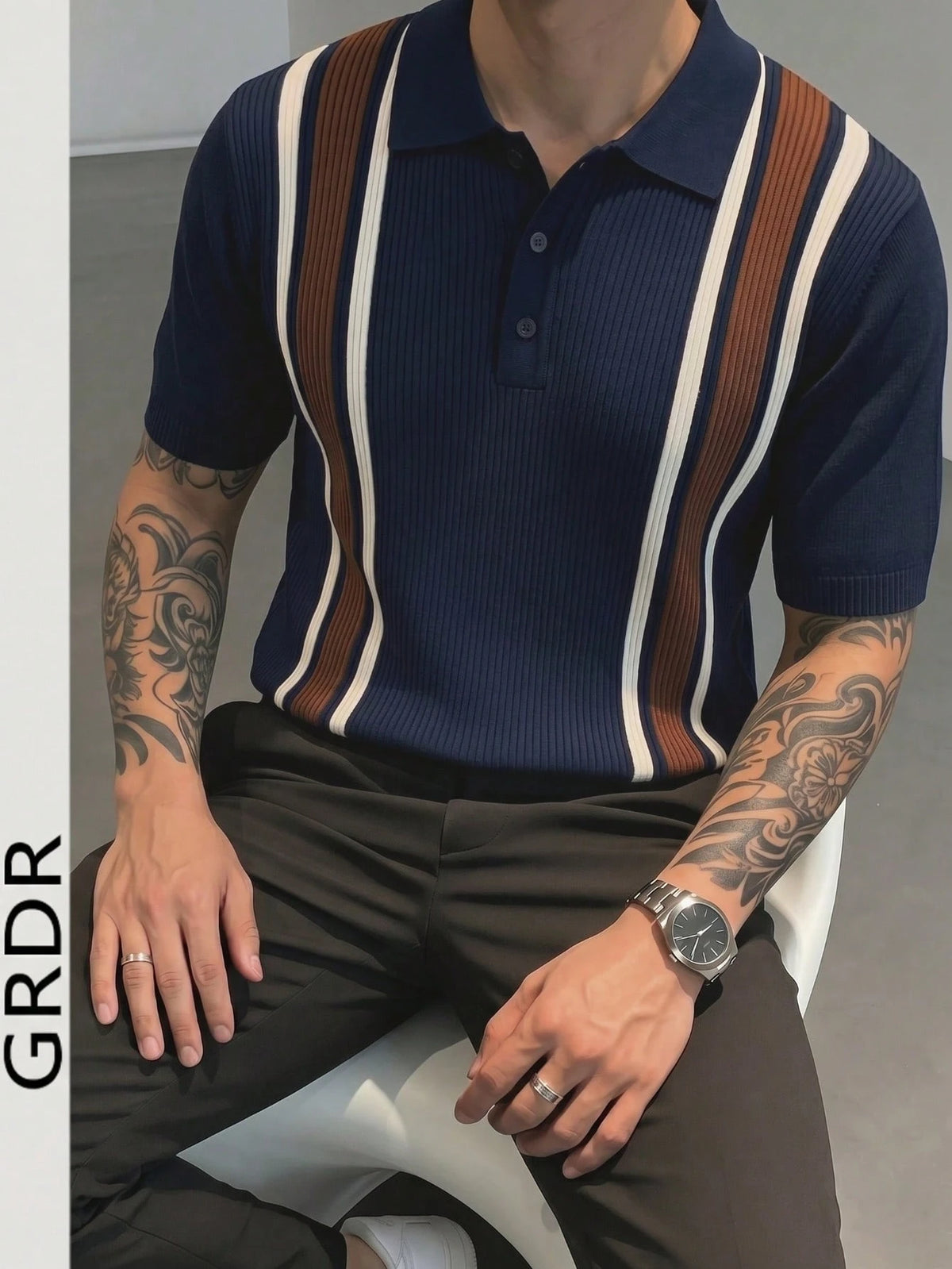 GRDR Men's Collared Striped Casual Minimalist Fashion Knit Short Sleeve T-Shirt Top- Comfortable Daily Wear, Travel, Outing