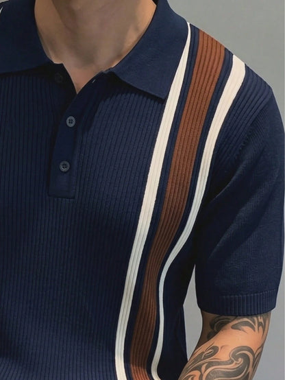 GRDR Men's Collared Striped Casual Minimalist Fashion Knit Short Sleeve T-Shirt Top- Comfortable Daily Wear, Travel, Outing