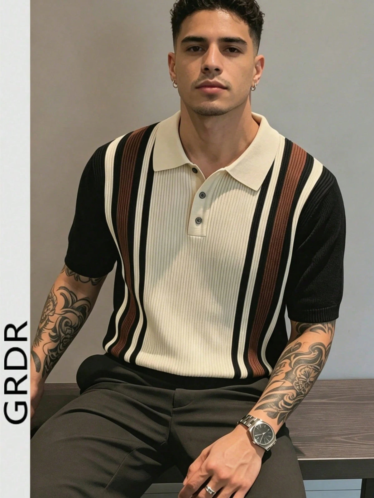GRDR Men's Collared Striped Casual Minimalist Fashion Knit Short Sleeve T-Shirt Top- Comfortable Daily Wear, Travel, Outing